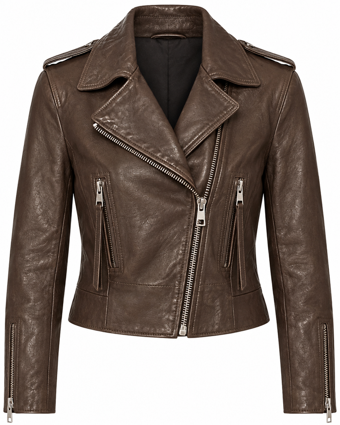Women's brown leather moto biker jacket with asymmetric zip and lapels, front view