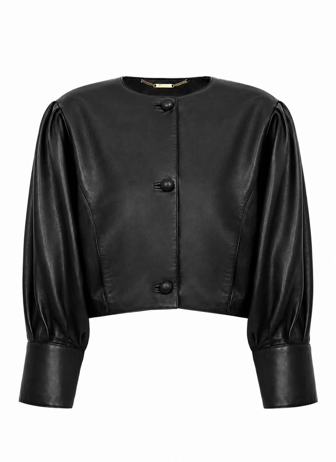 Women's black cropped leather jacket with puff sleeves and button front, front view