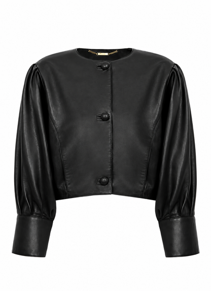 Women's black cropped leather jacket with puff sleeves and button front, front view