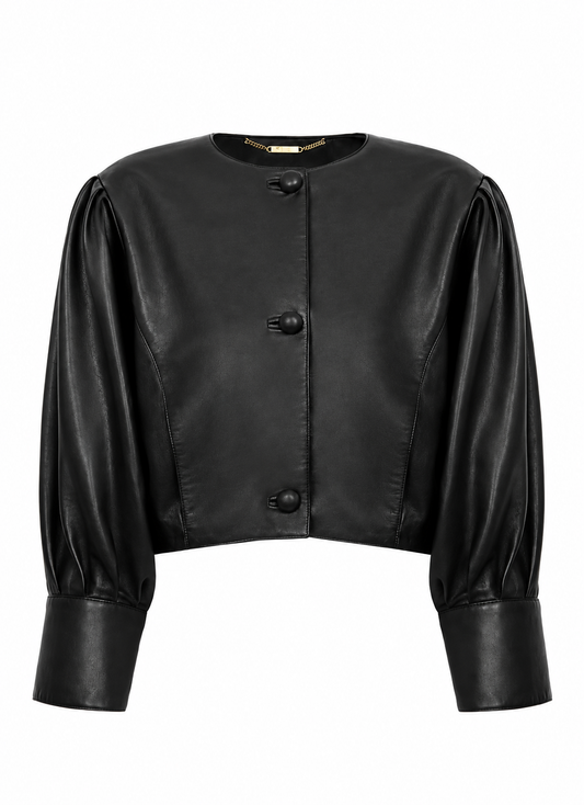 Women's black cropped leather jacket with puff sleeves and button front, front view