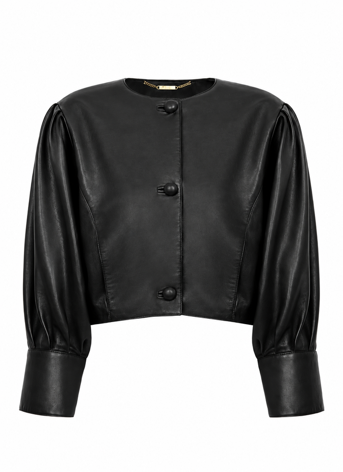 Women's black cropped leather jacket with puff sleeves and button front, front view
