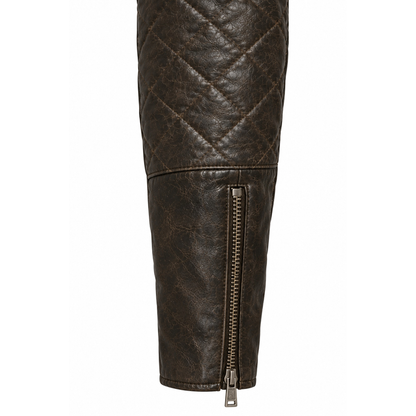 Close-up of quilted sleeve and zip cuff on cafe racer jacket