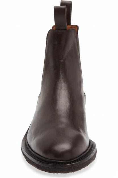 Front view of men's dark brown leather Chelsea boot