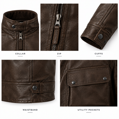 Close-up of collar, zip, cuff and flap pocket details on brown leather jacket