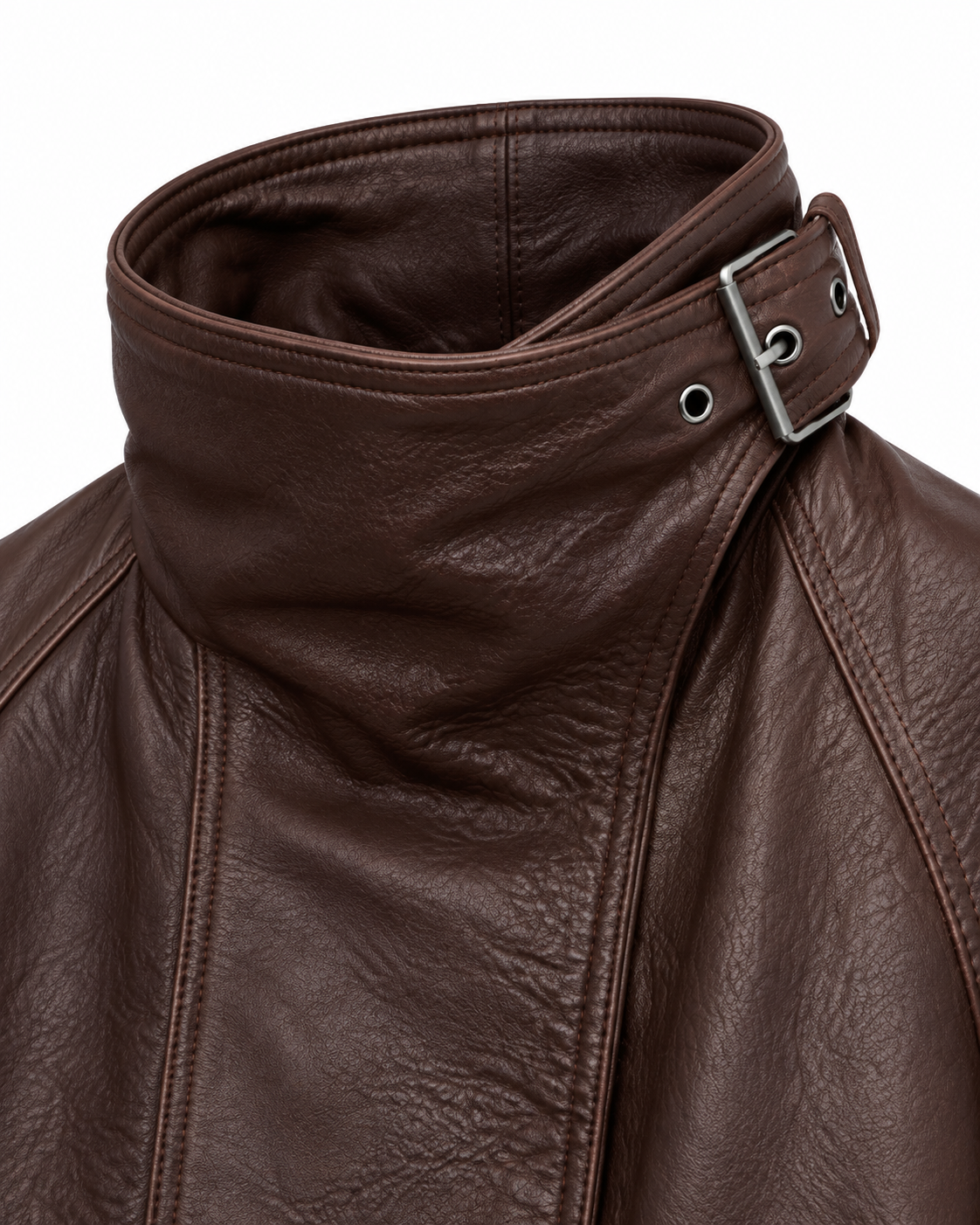 Close-up of buckle strap on high funnel collar