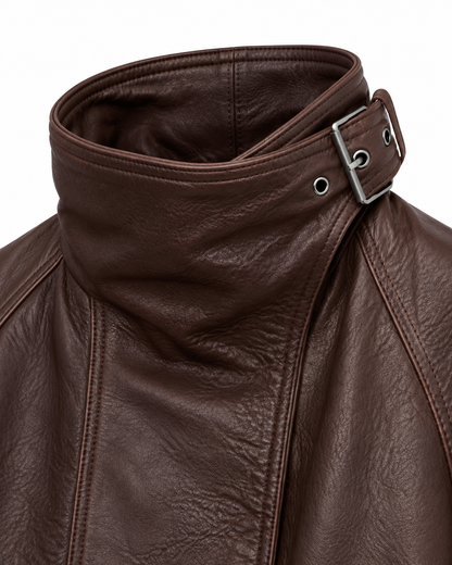 Close-up of buckle strap on high funnel collar