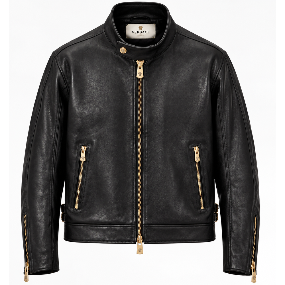 Men's black leather jacket with stand collar and gold zips, front view