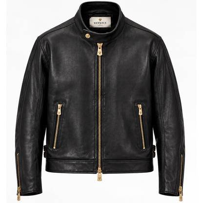 Men's black leather jacket with stand collar and gold zips, front view