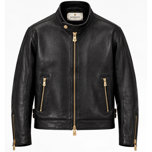 Men's black leather jacket with stand collar and gold zips, front view