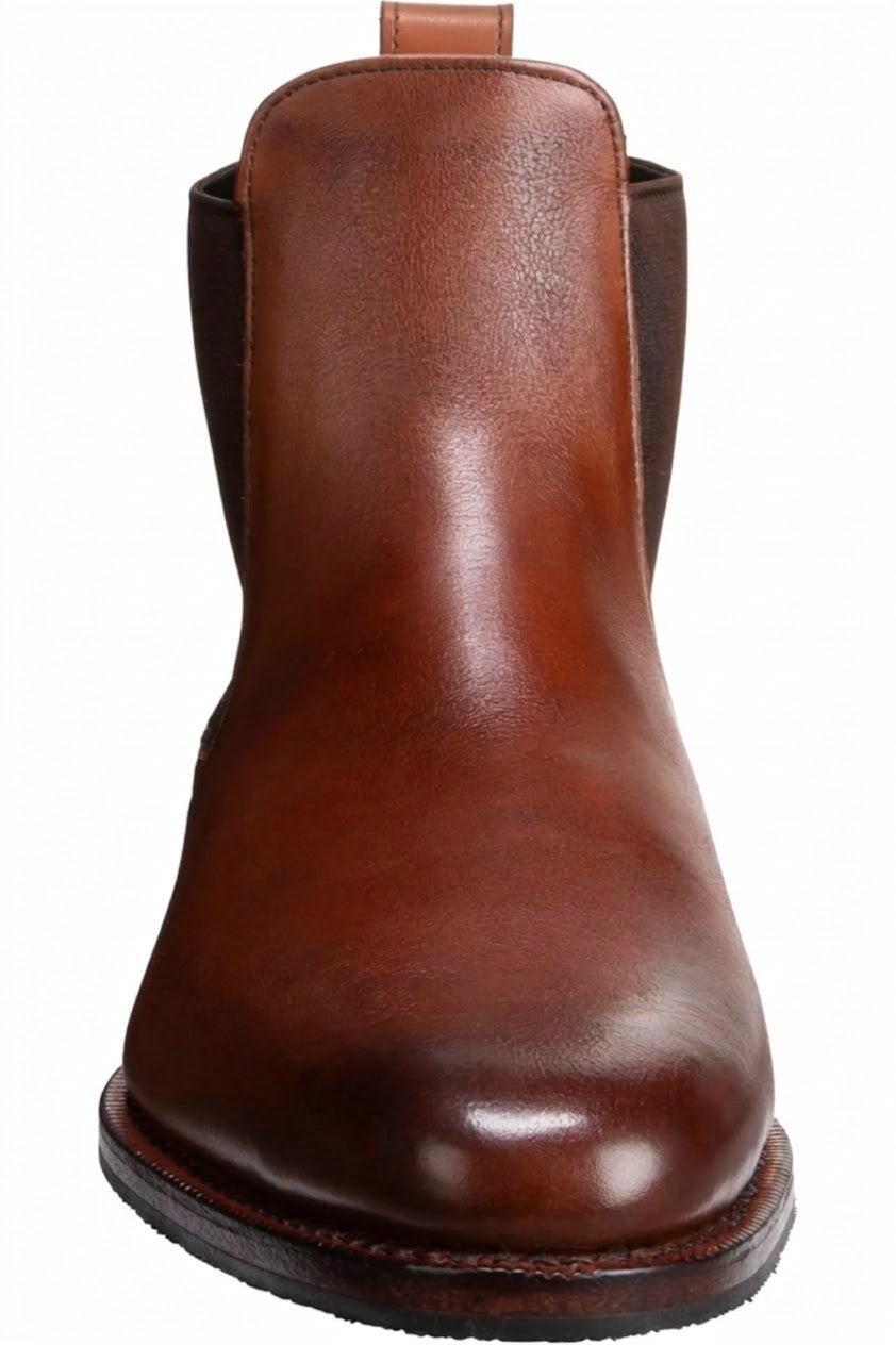 Front view of cognac brown leather Chelsea boot