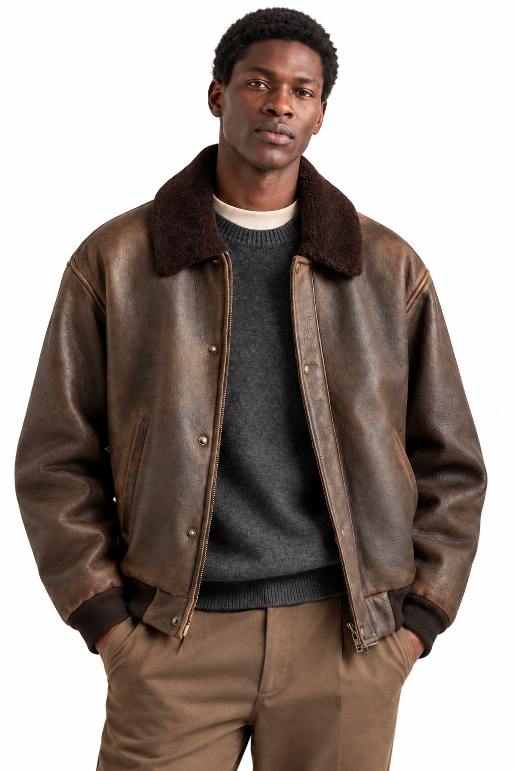 Man wearing brown leather bomber jacket with shearling-style collar and knit sweater