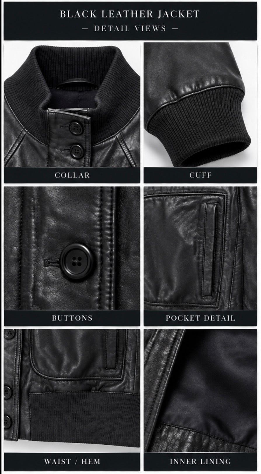 Close-up details of women's black leather bomber jacket: ribbed collar, cuffs, snap buttons and patch pockets