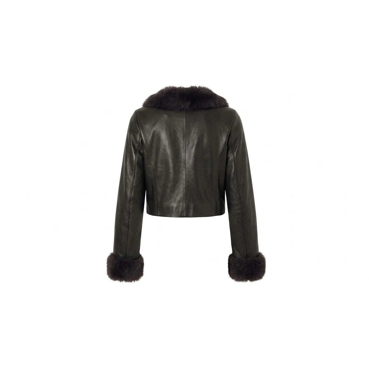 Back view of women's black cropped leather jacket with fur trim