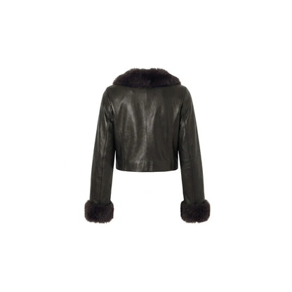 Back view of women's black cropped leather jacket with fur trim