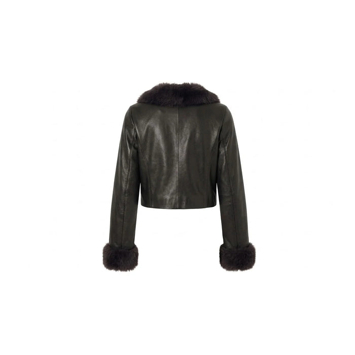 Back view of women's black cropped leather jacket with fur trim
