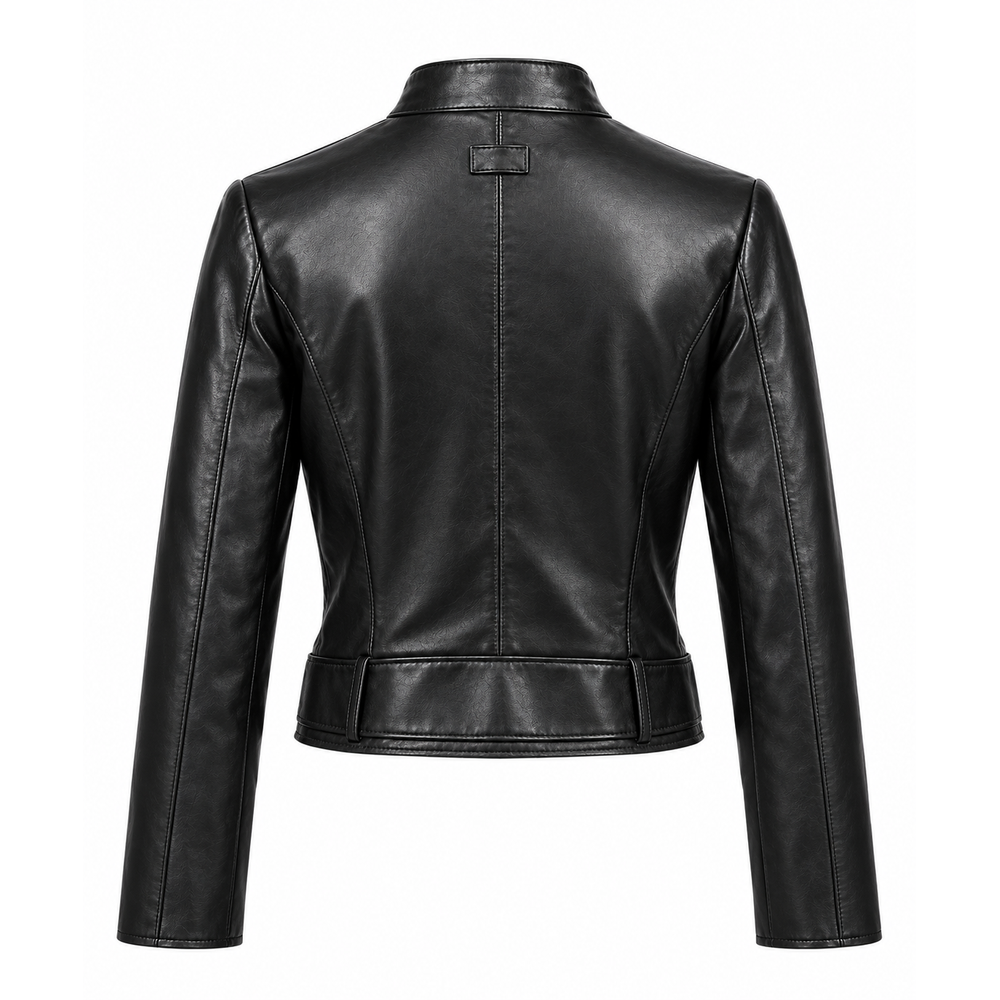Back view of women's black belted leather moto jacket