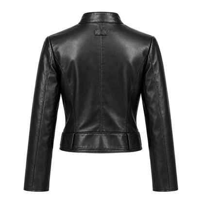 Back view of women's black belted leather moto jacket