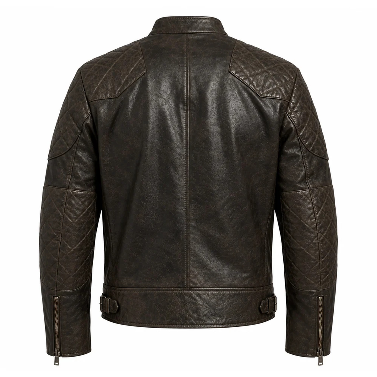 Back view of men's distressed brown cafe racer leather jacket