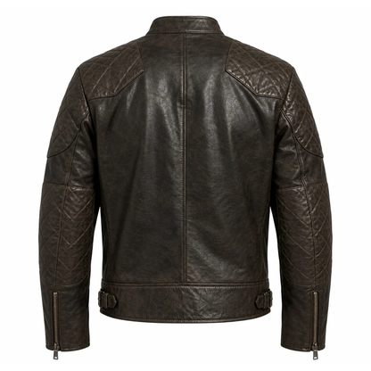 Back view of men's distressed brown cafe racer leather jacket