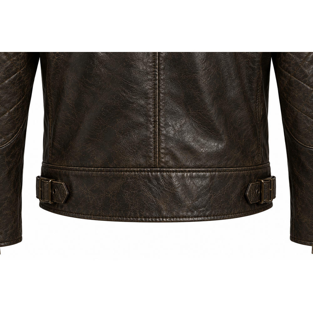 Close-up of side waist adjuster tab on brown leather jacket