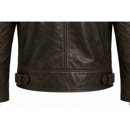 Close-up of side waist adjuster tab on brown leather jacket