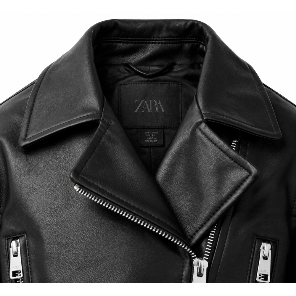 Close-up of notched lapels and snaps on black leather biker