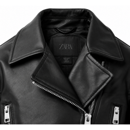 Close-up of notched lapels and snaps on black leather biker
