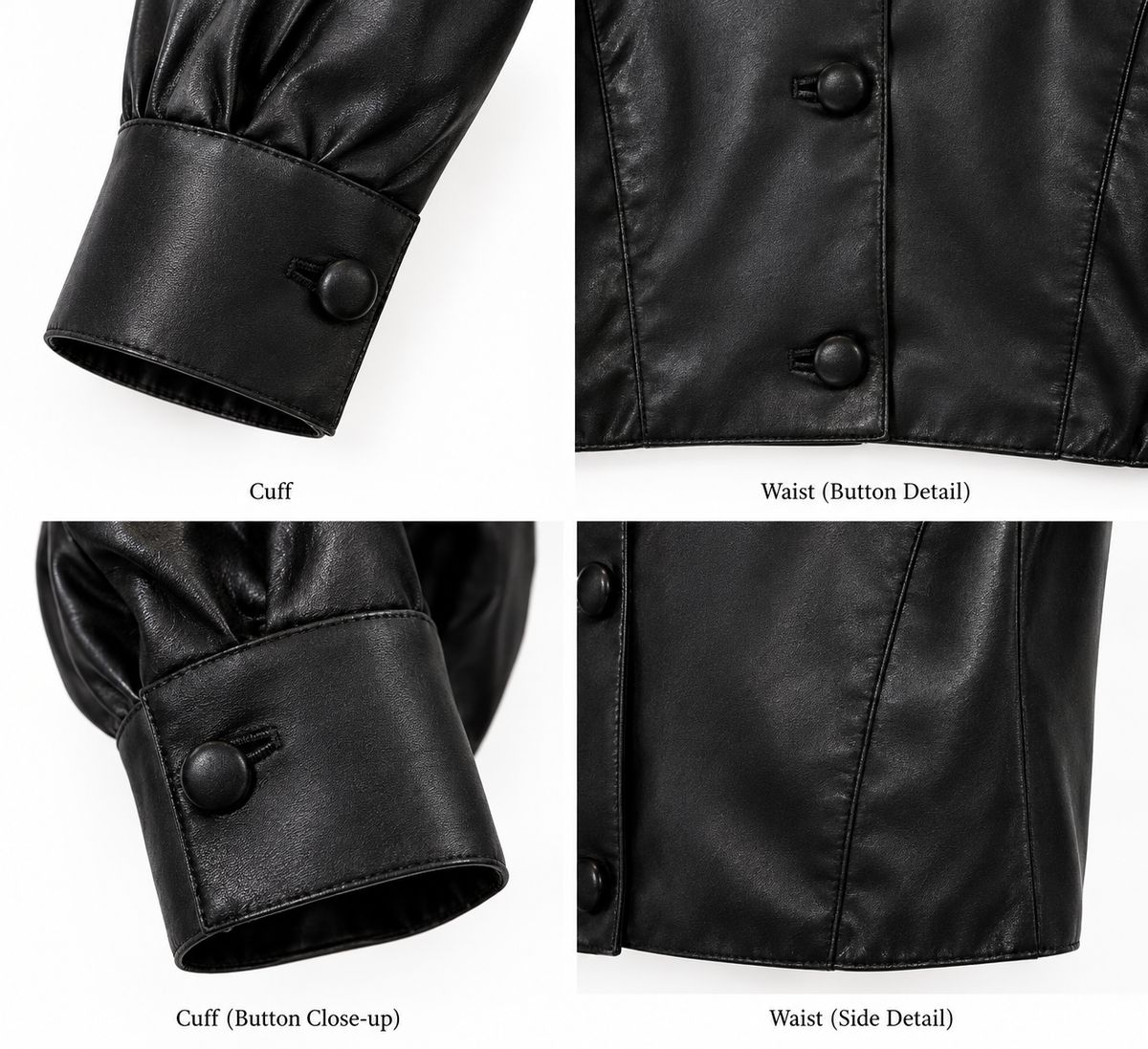 Close-up of cuffs, buttons and puff sleeve on black leather jacket