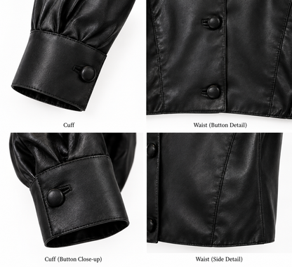 Close-up of cuffs, buttons and puff sleeve on black leather jacket