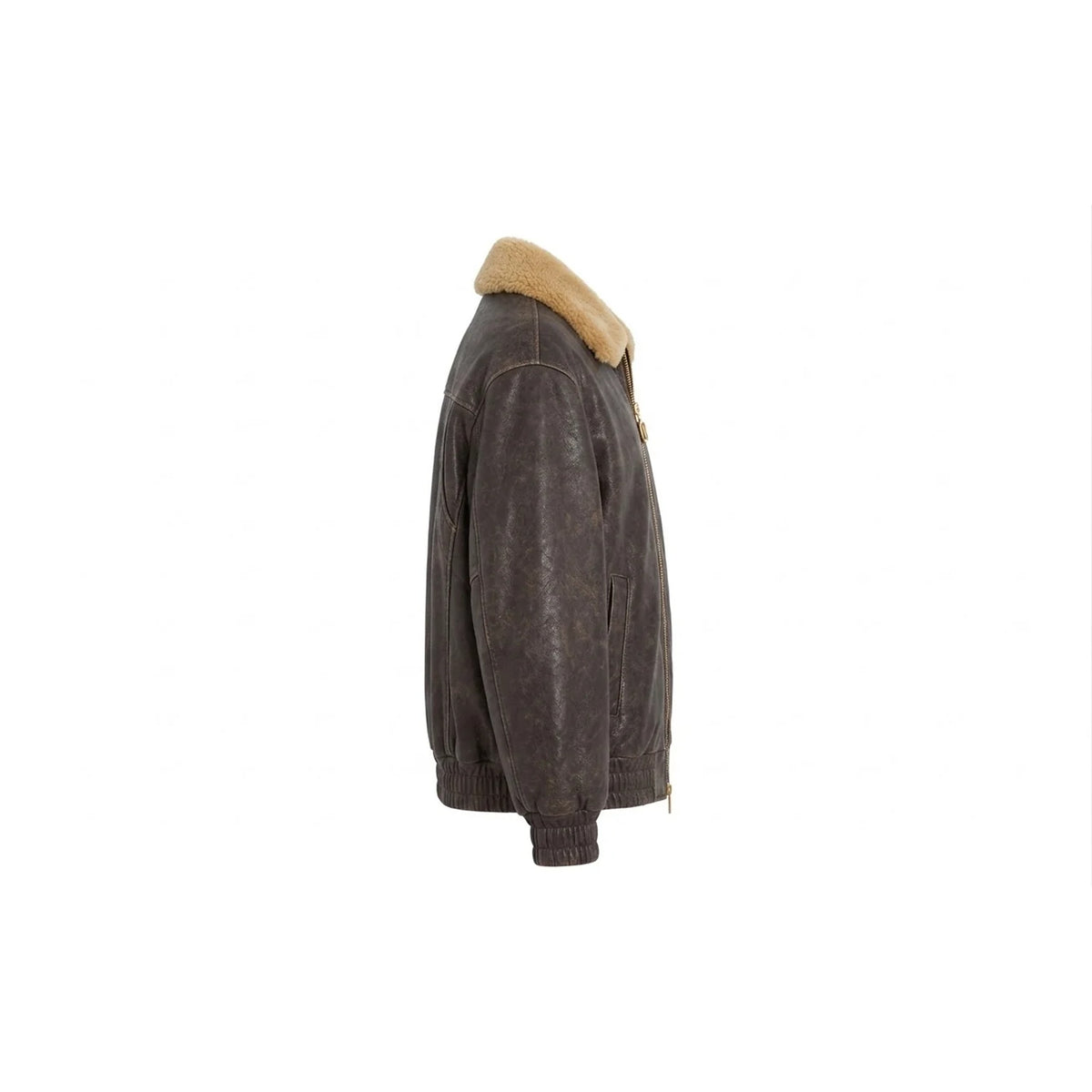 Side view of men's distressed brown aviator bomber jacket