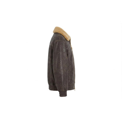 Side view of men's distressed brown aviator bomber jacket