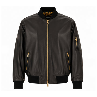 Men's black leather MA-1 bomber jacket with gold zip and sleeve pocket, front view