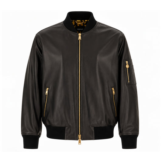 Men's black leather MA-1 bomber jacket with gold zip and sleeve pocket, front view