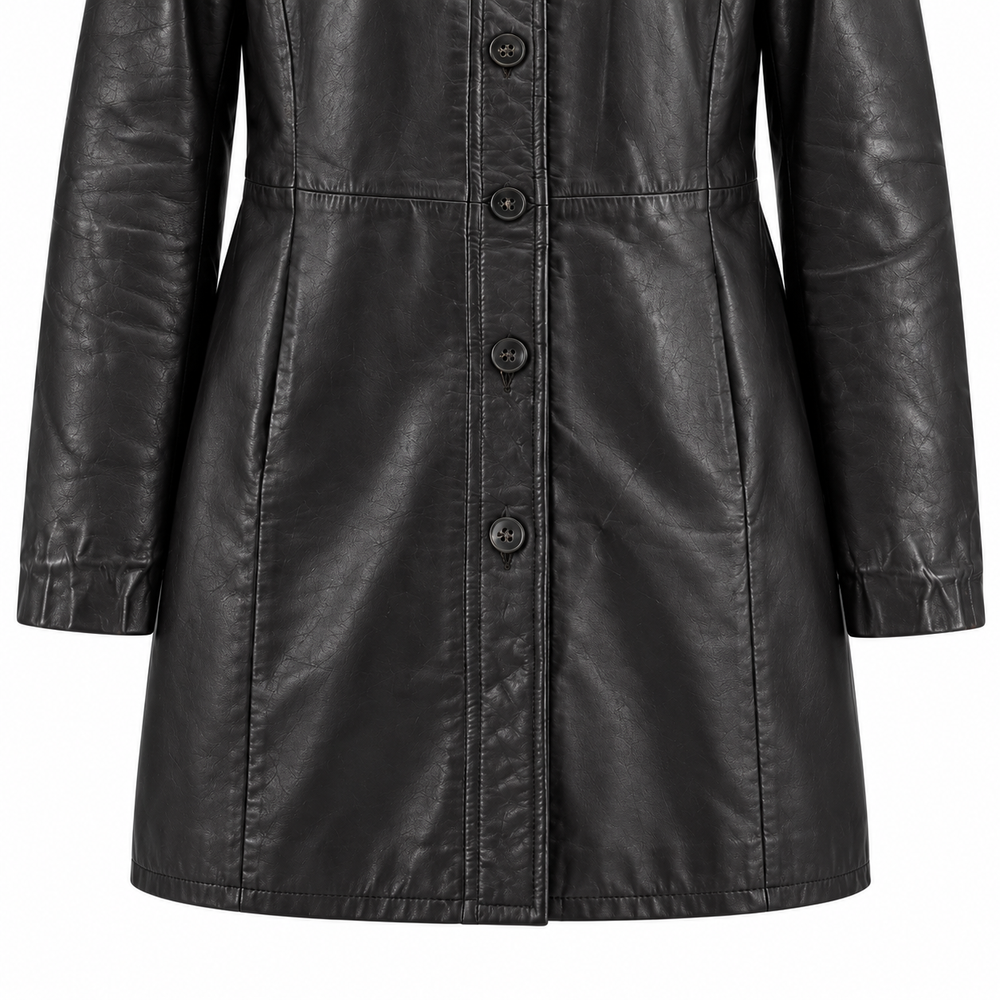 Three-quarter view of women's black mid-length leather coat
