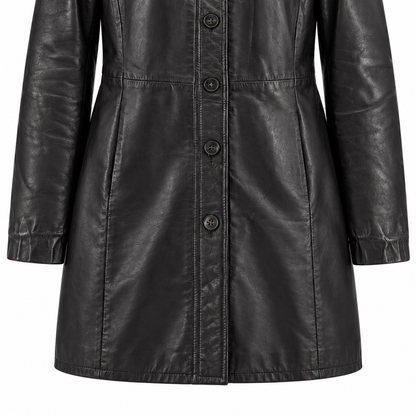 Three-quarter view of women's black mid-length leather coat