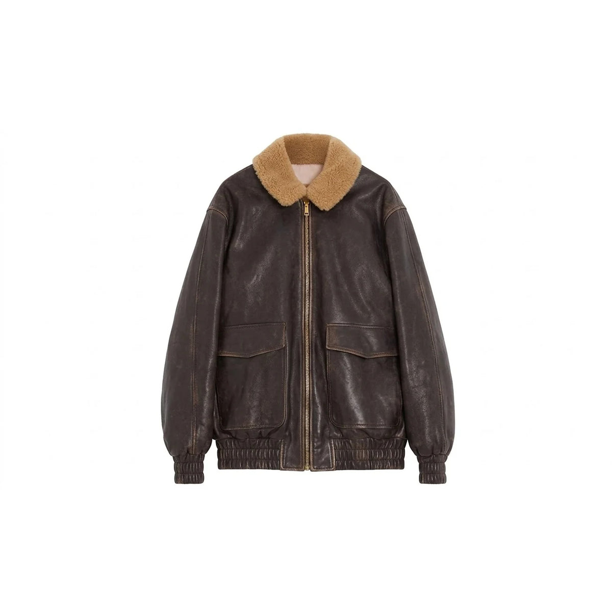 Men's distressed brown leather aviator bomber jacket with tan faux fur collar, front view