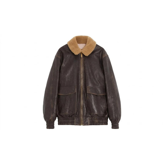 Men's distressed brown leather aviator bomber jacket with tan faux fur collar, front view