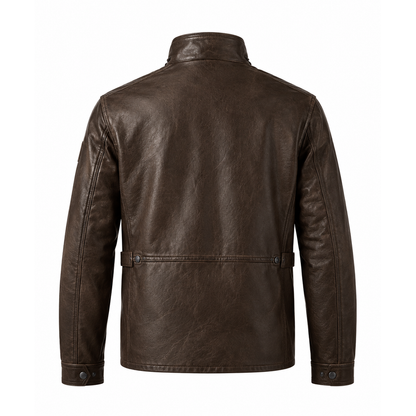 Back view of men's brown leather bomber jacket with ribbed waistband