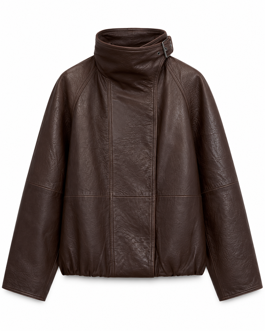 Women's oversized brown leather jacket with buckle funnel collar, front view