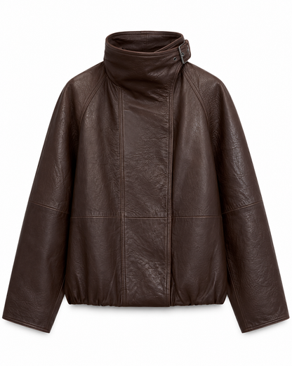 Women's oversized brown leather jacket with buckle funnel collar, front view