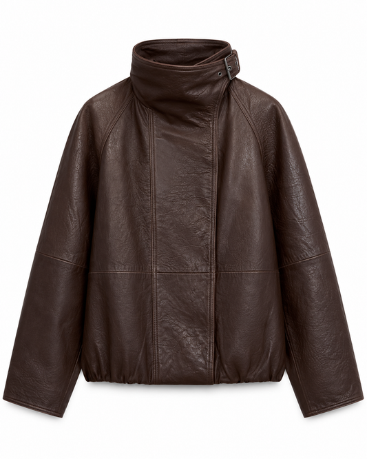 Women's oversized brown leather jacket with buckle funnel collar, front view