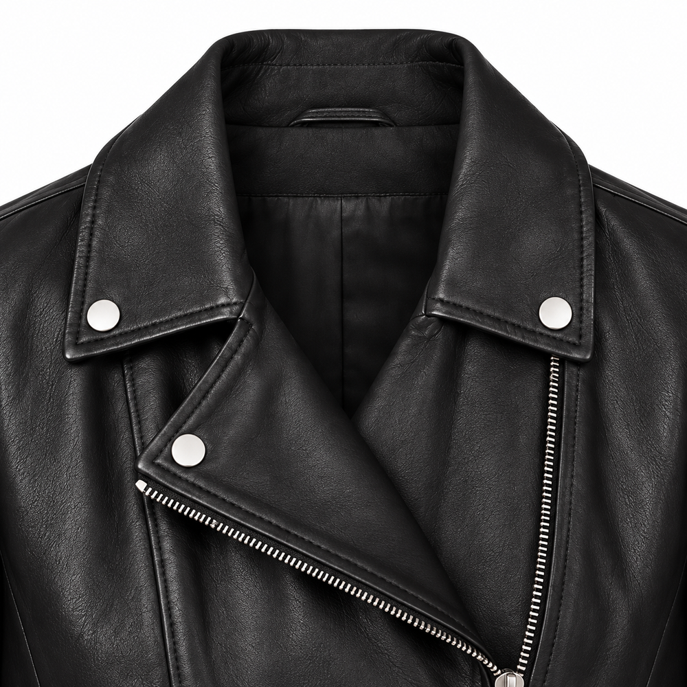 Close-up of wide snap lapels on black leather biker jacket