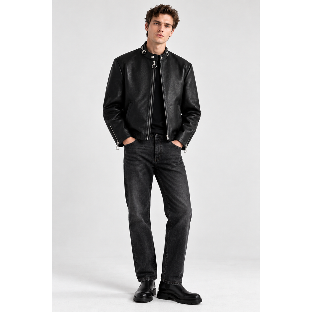 Man wearing black leather moto jacket with black jeans and boots