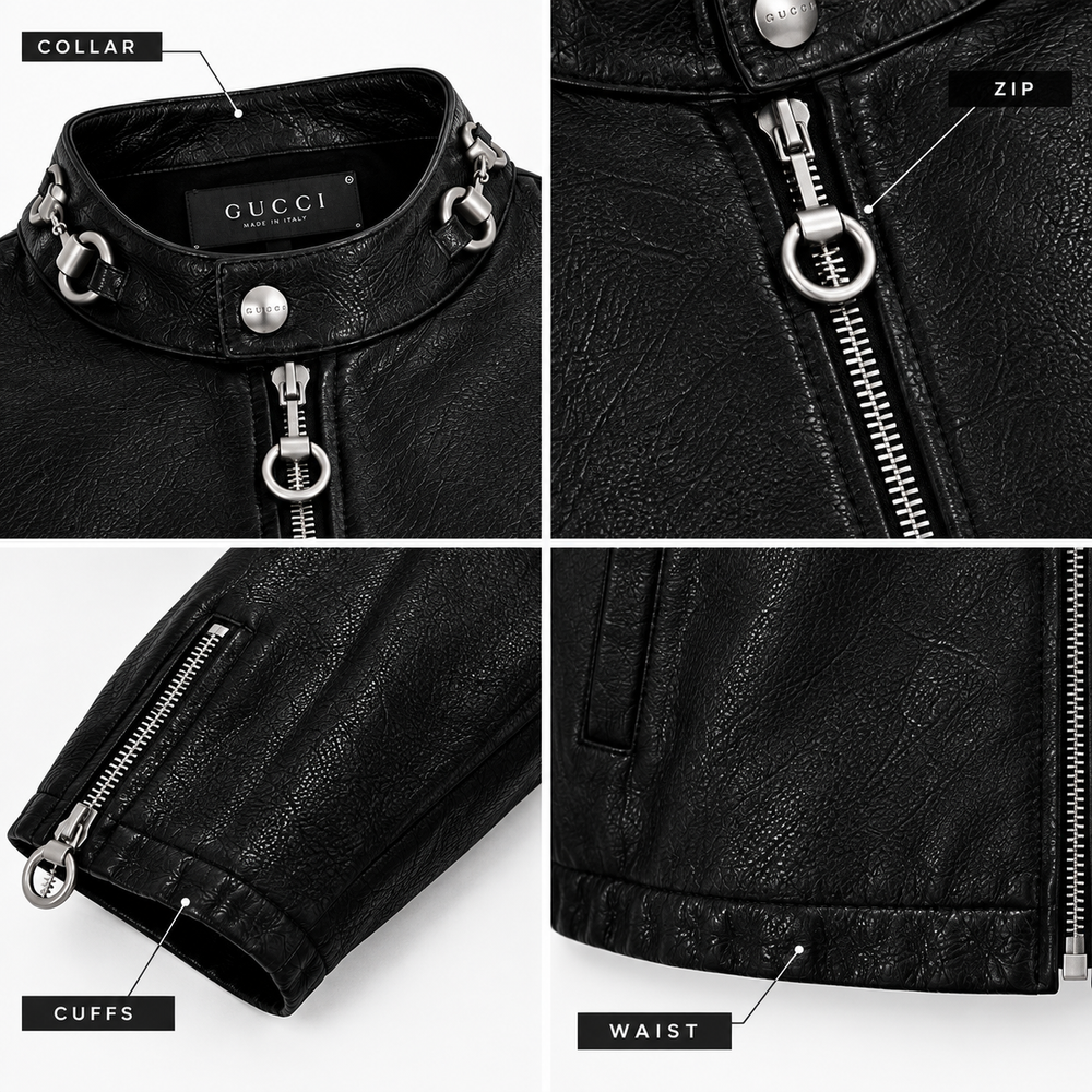 Close-up of collar, ring zip pull, cuff zip and waist on black moto jacket
