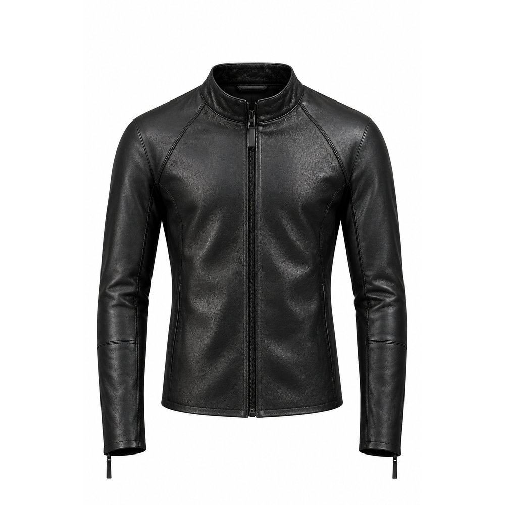 Men's black slim fit leather jacket with stand collar, front view