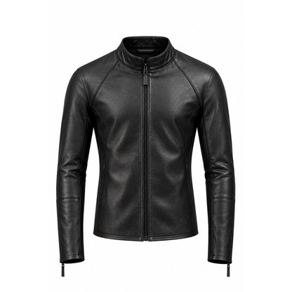 Men's black slim fit leather jacket with stand collar, front view