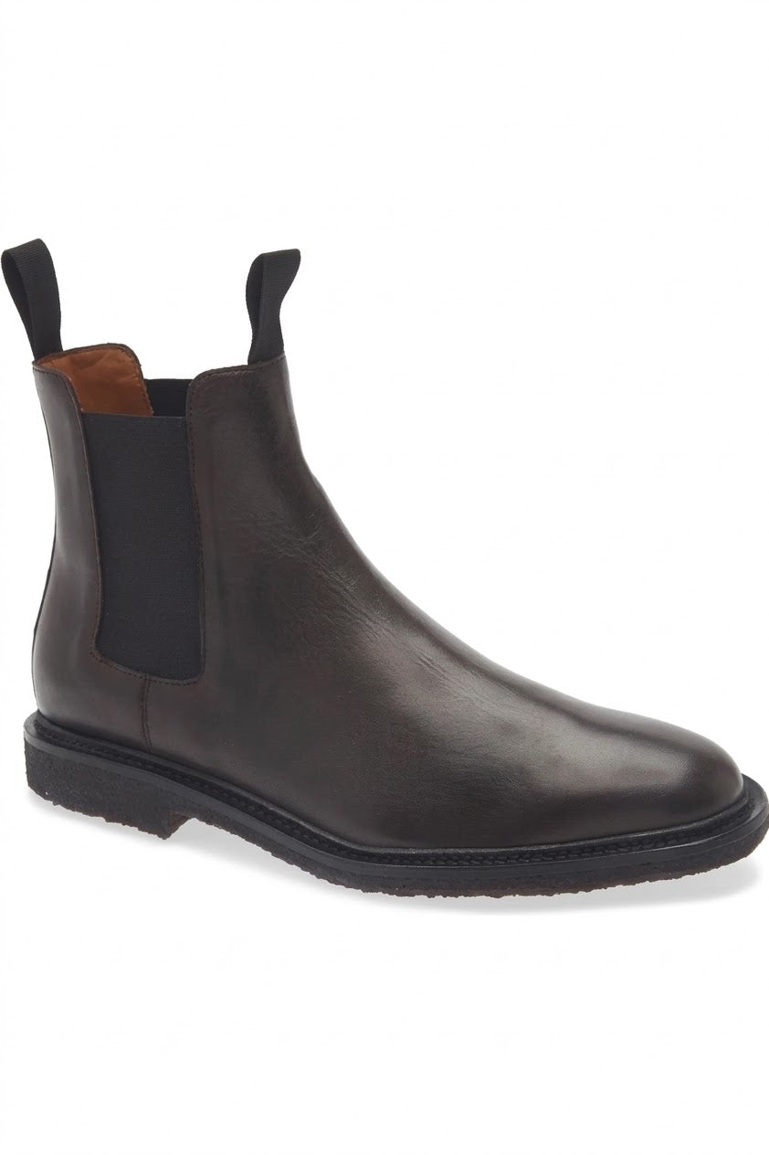 Men's dark brown leather Chelsea boot with elastic side panel, side view