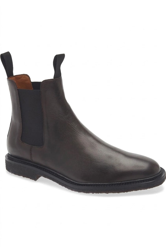 Men's dark brown leather Chelsea boot with elastic side panel, side view