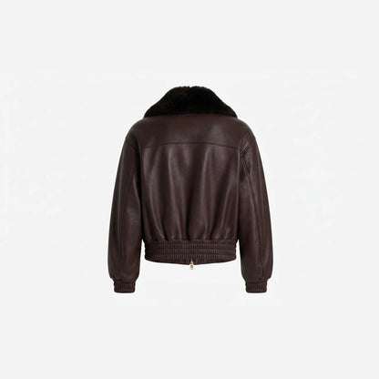 Back view of brown leather aviator jacket with fur collar