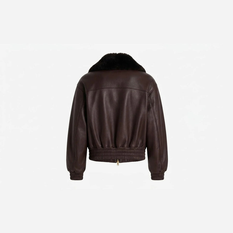 Unisex-Fliegerjacke aus braunem Rindsleder – Webpelzkragen – detail view